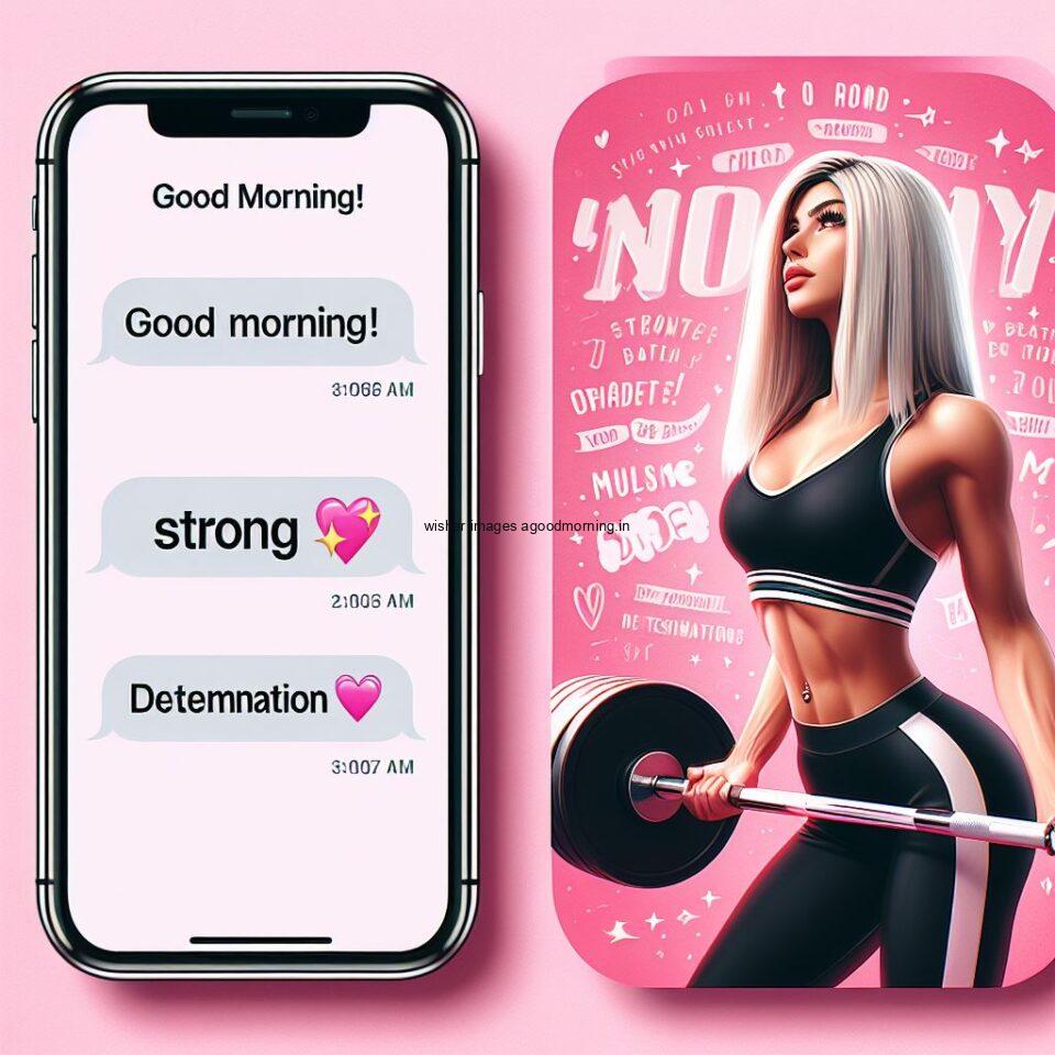 good morning images with gym images water bottles and gym equiements pink background with girl