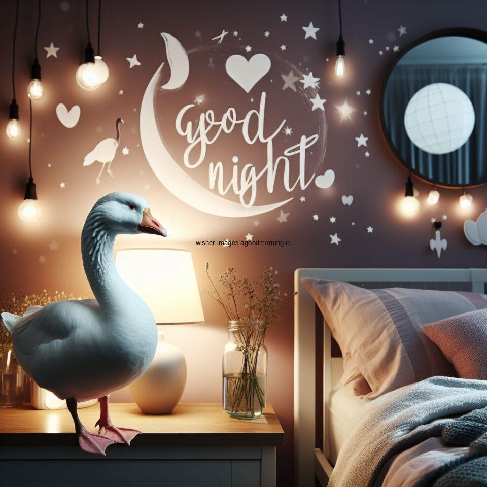 goose is seating in the room bed with star good night images quotes text is placed night vibes