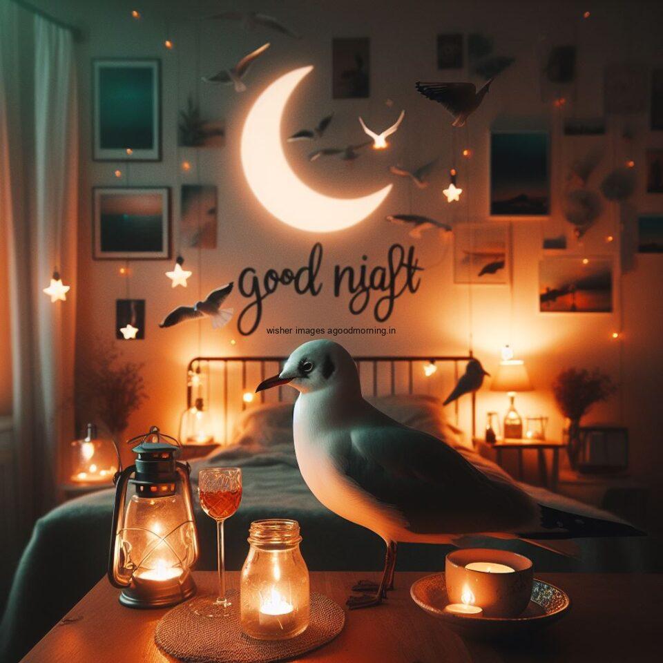 goose is seating in the room half moon with star good night images quotes text is placed night vibes