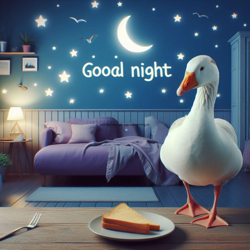 goose is seating infront of moon in the room with star good night images quotes text is placed night vibes