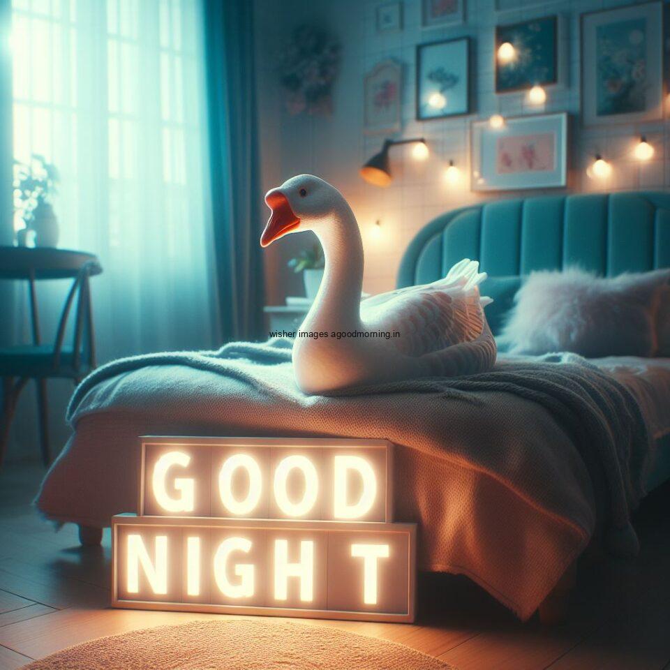 goose is seating on the bed in the room with star good night images quotes text is placed night vibes