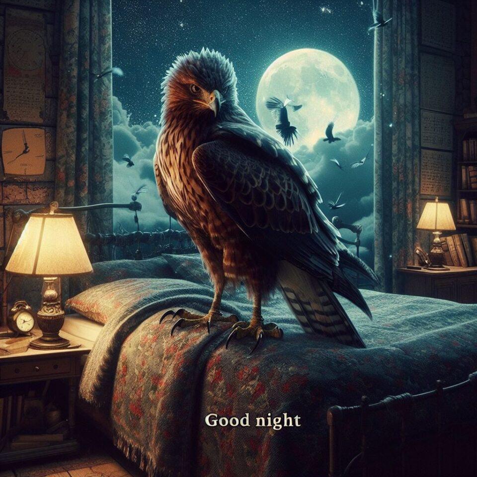 hawk is seating in the room with lamp moon with star good night images quotes text is placed night vibes