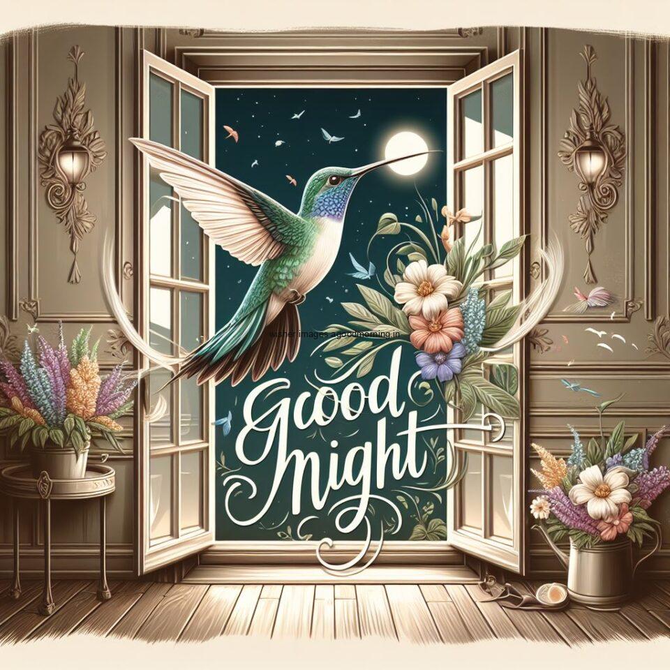 hummingbird on the window is seating in the room with star good night images quotes text is placed night vibes