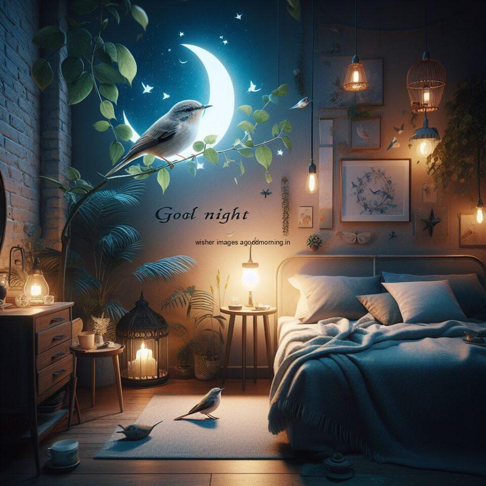 moon nightingale is seating in the room with star good night images quotes text is placed night vibes