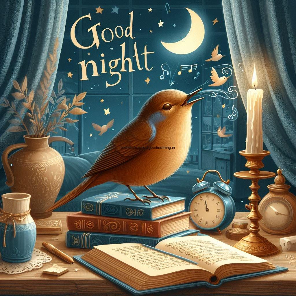 nightingale is seating in the room moon with star good night images quotes text is placed night vibes