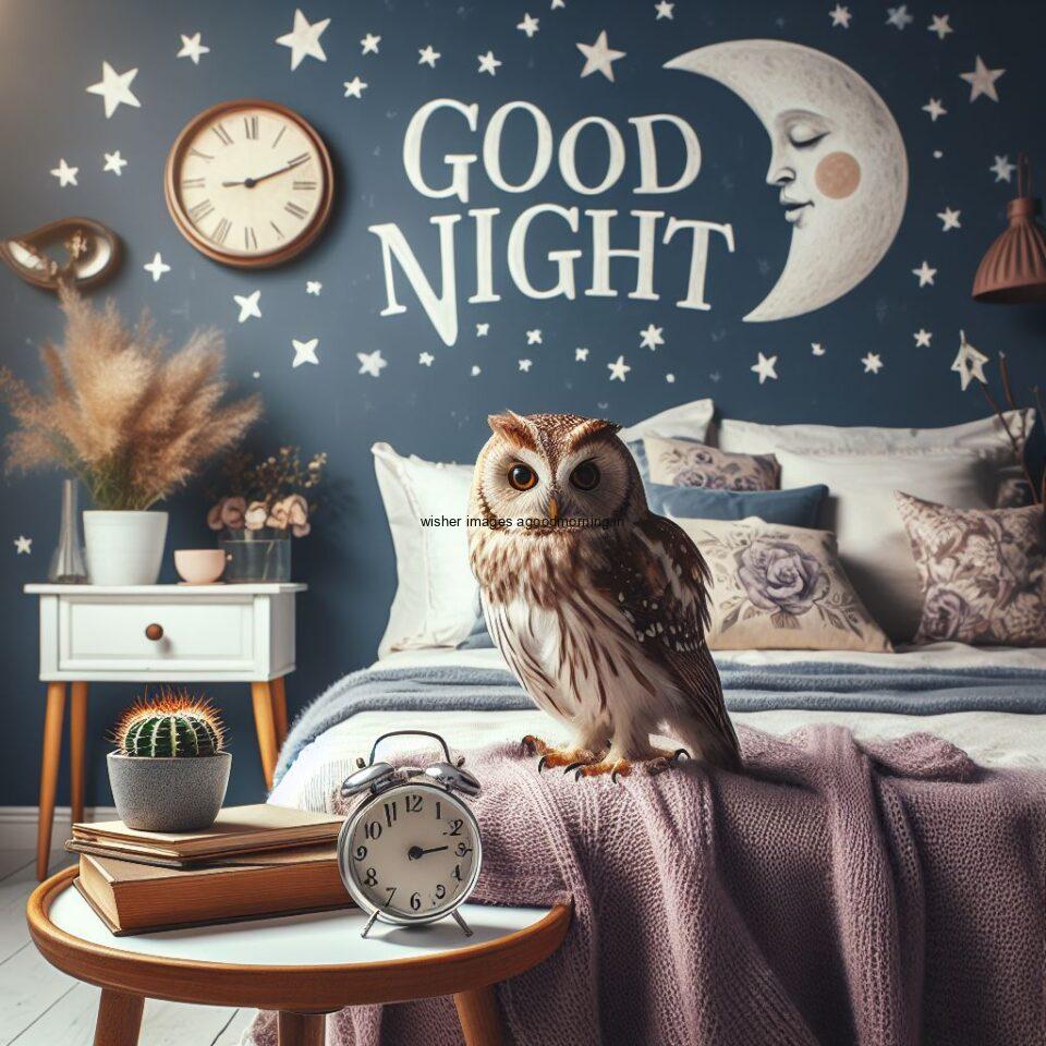 owl is seating in the bed in the room with star good night images quotes text is placed night vibes