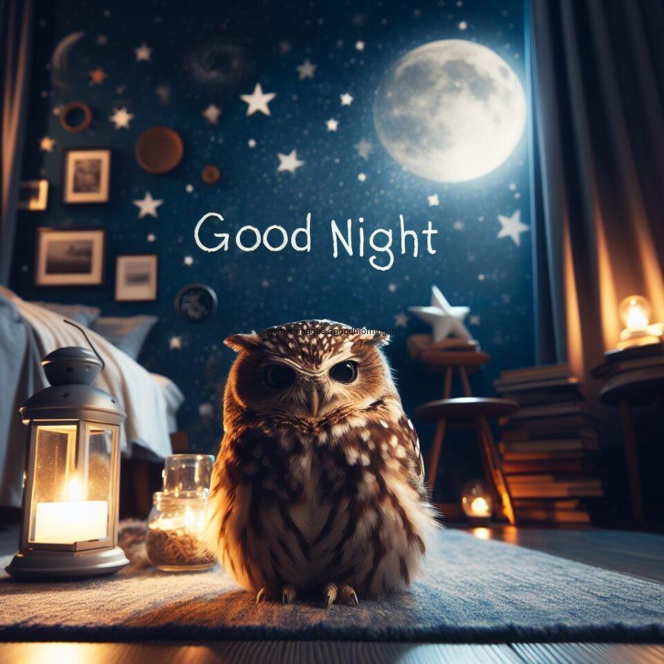 owl is seating in the room moon with star good night images quotes text is placed night vibes