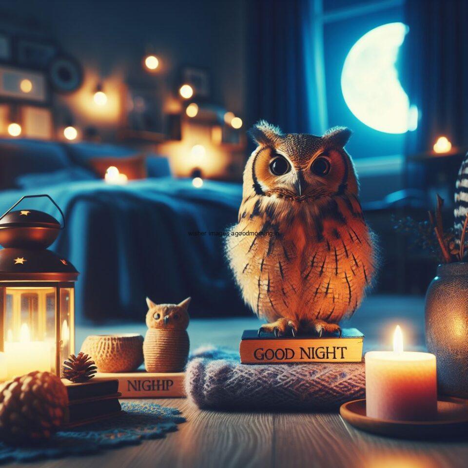 owl is seating in the room with star good night images quotes text is placed night vibes