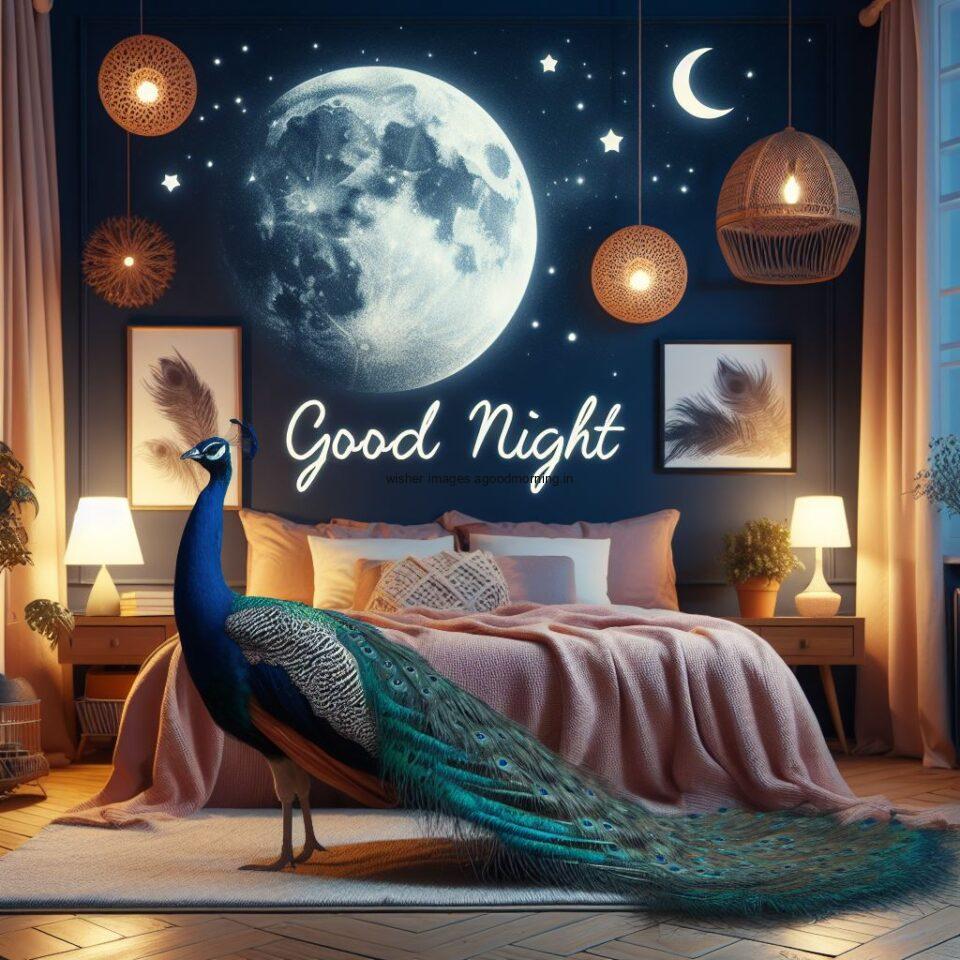 peacock is seating beautiful moon in the room with star good night images quotes text is placed night vibes