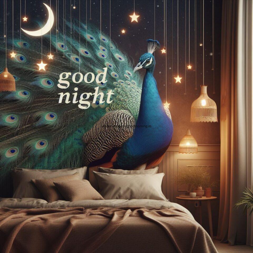 peacock is seating beside the bed in the room with star good night images quotes text is placed night vibes