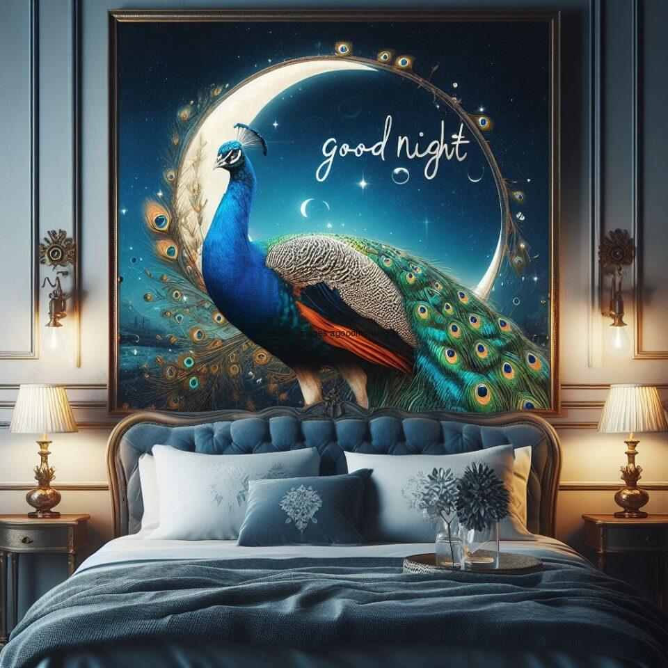 peacock is seating in the room with star good night images quotes text is placed night vibes