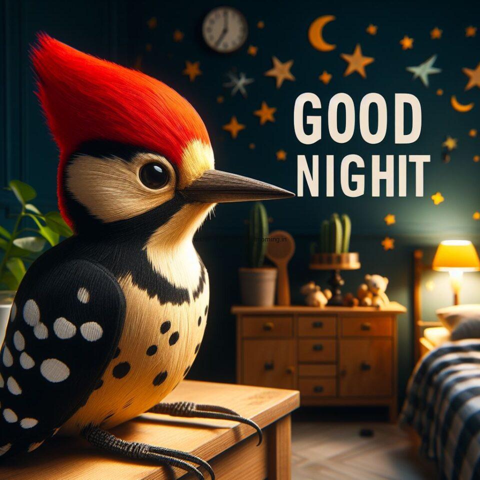 woodpecker is seat in the room with star good night images quotes text is placed night vibes