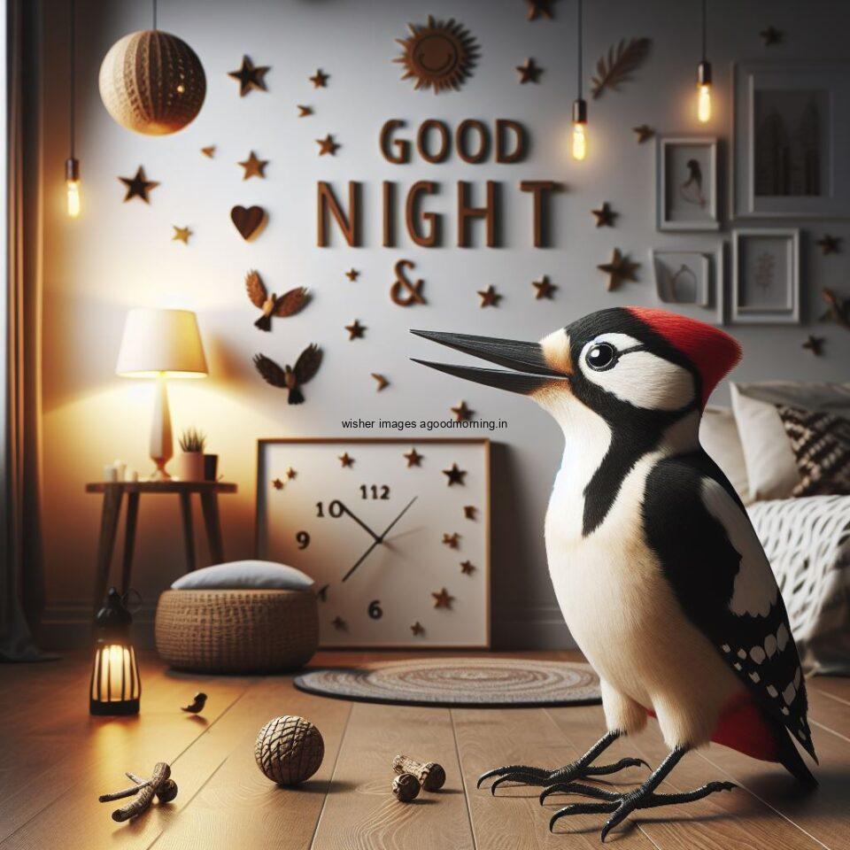 woodpecker is seating in the room with star good night images quotes text is placed night vibes