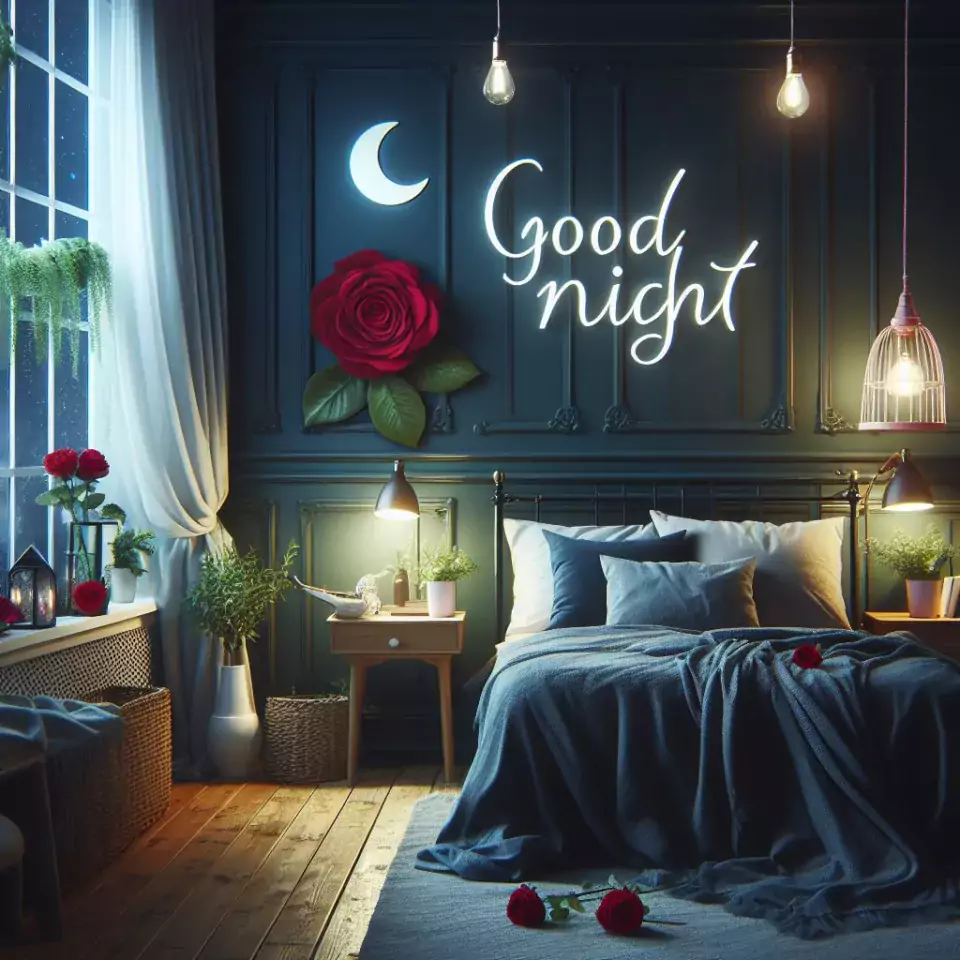 Good Night images with night vibes beautiful bad room with romantic vibes love images with rose & flowers ()