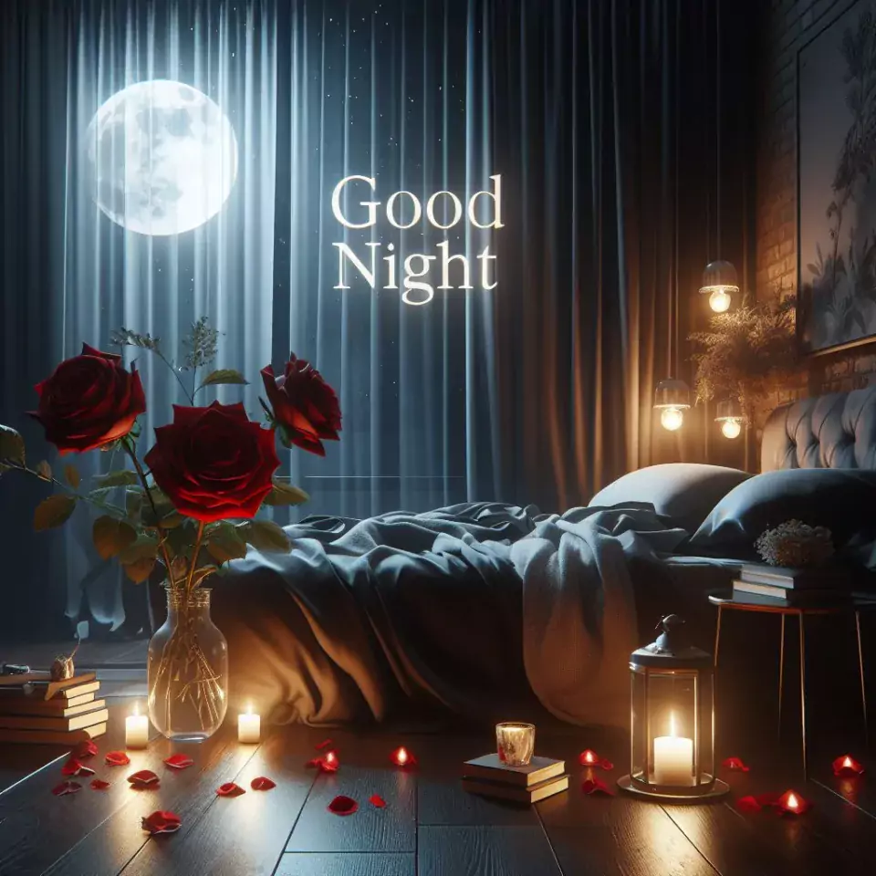 Good Night images with night vibes beautiful bad room with romantic vibes love images with rose & flowers ()