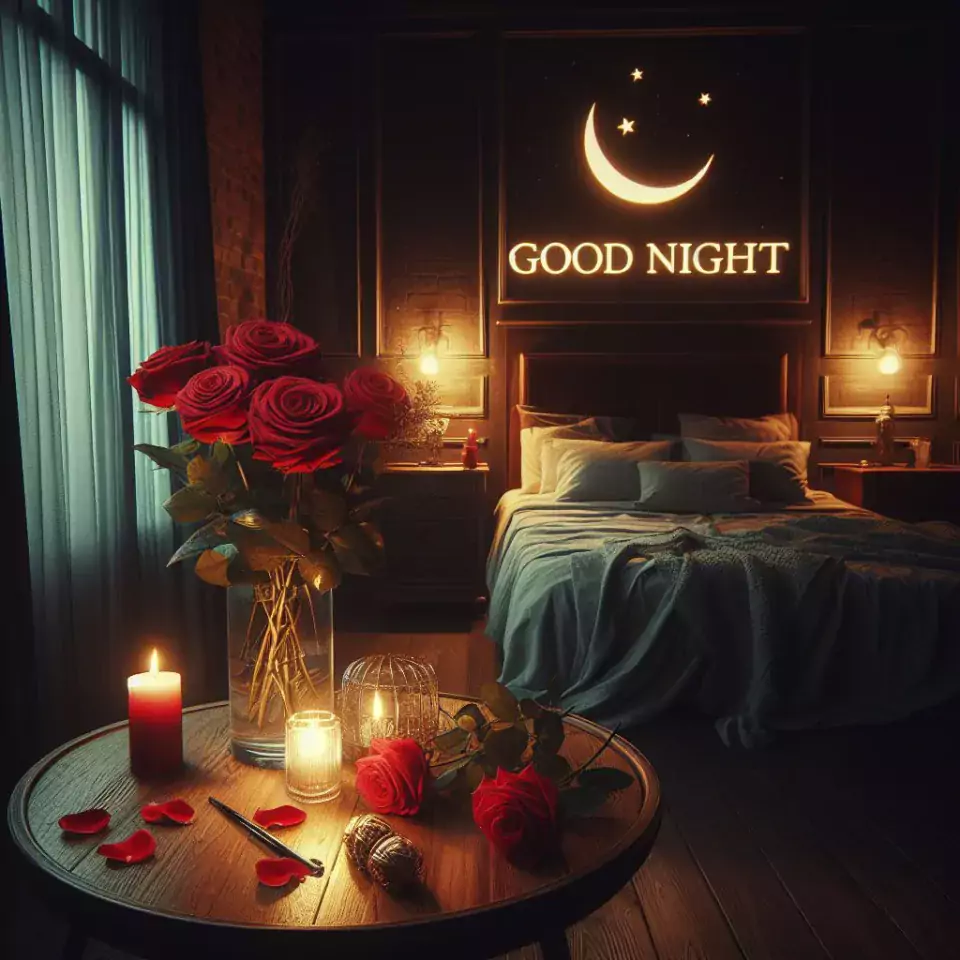 Good Night images with night vibes beautiful bad room with romantic vibes love images with rose & flowers ()