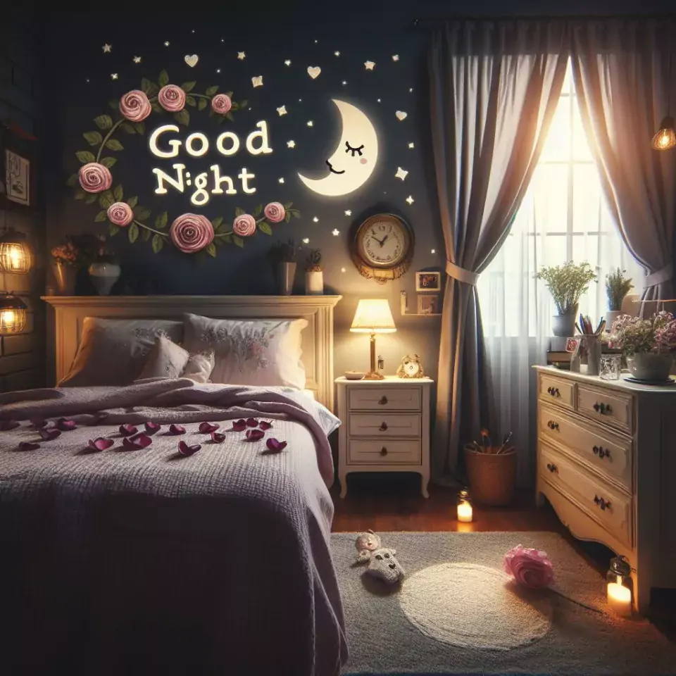 Good Night images with night vibes beautiful bad room with romantic vibes love images with rose & flowers ()