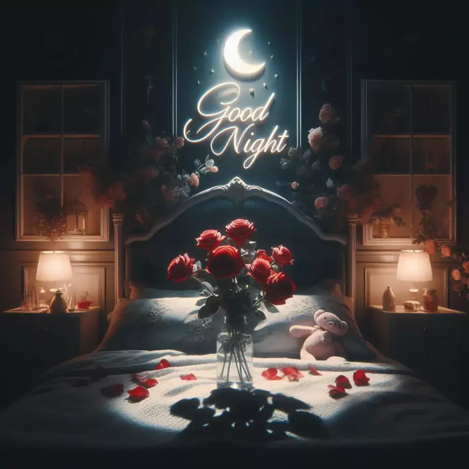 Good Night images with night vibes beautiful bad room with romantic vibes love images with rose & flowers ()