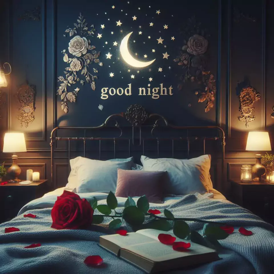 Good Night images with night vibes beautiful bad room with romantic vibes love images with rose & flowers ()