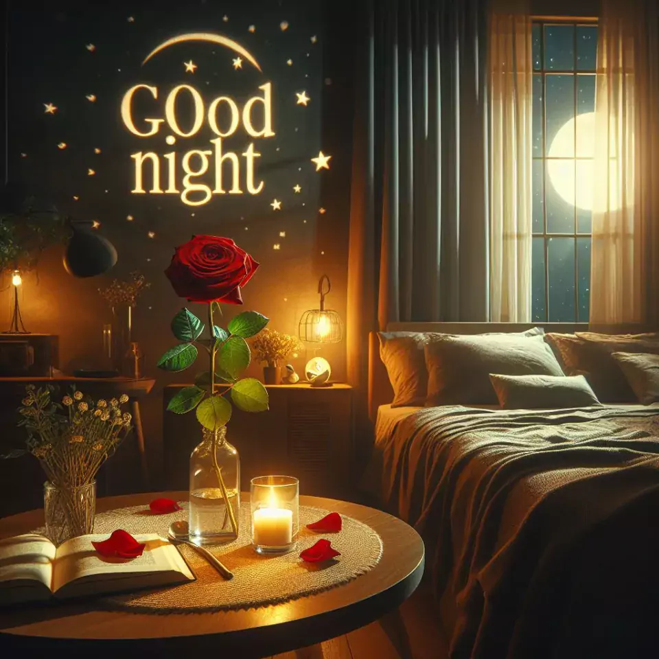 Good Night images with night vibes beautiful bad room with romantic vibes love images with rose & flowers ()