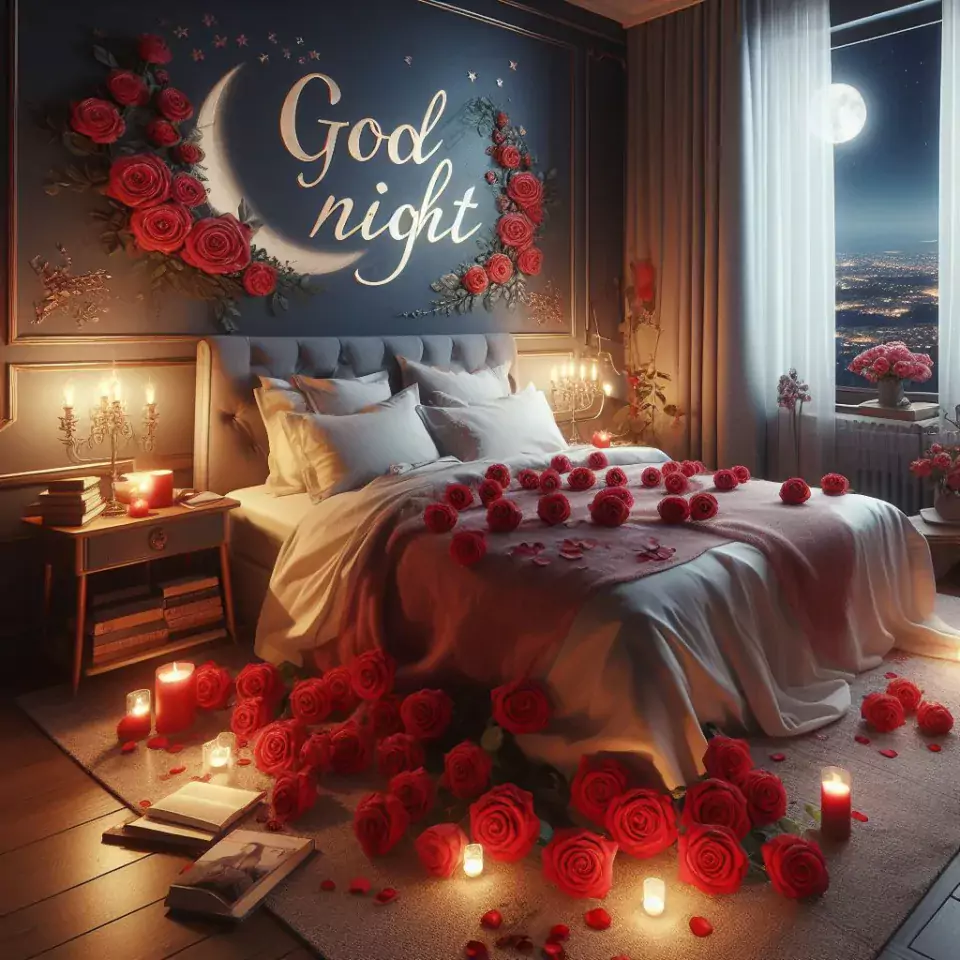 Good Night images with night vibes beautiful bad room with romantic vibes love images with rose & flowers ()