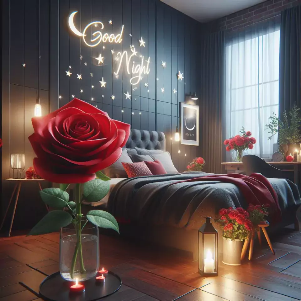 Good Night images with night vibes beautiful bad room with romantic vibes love images with rose & flowers ()