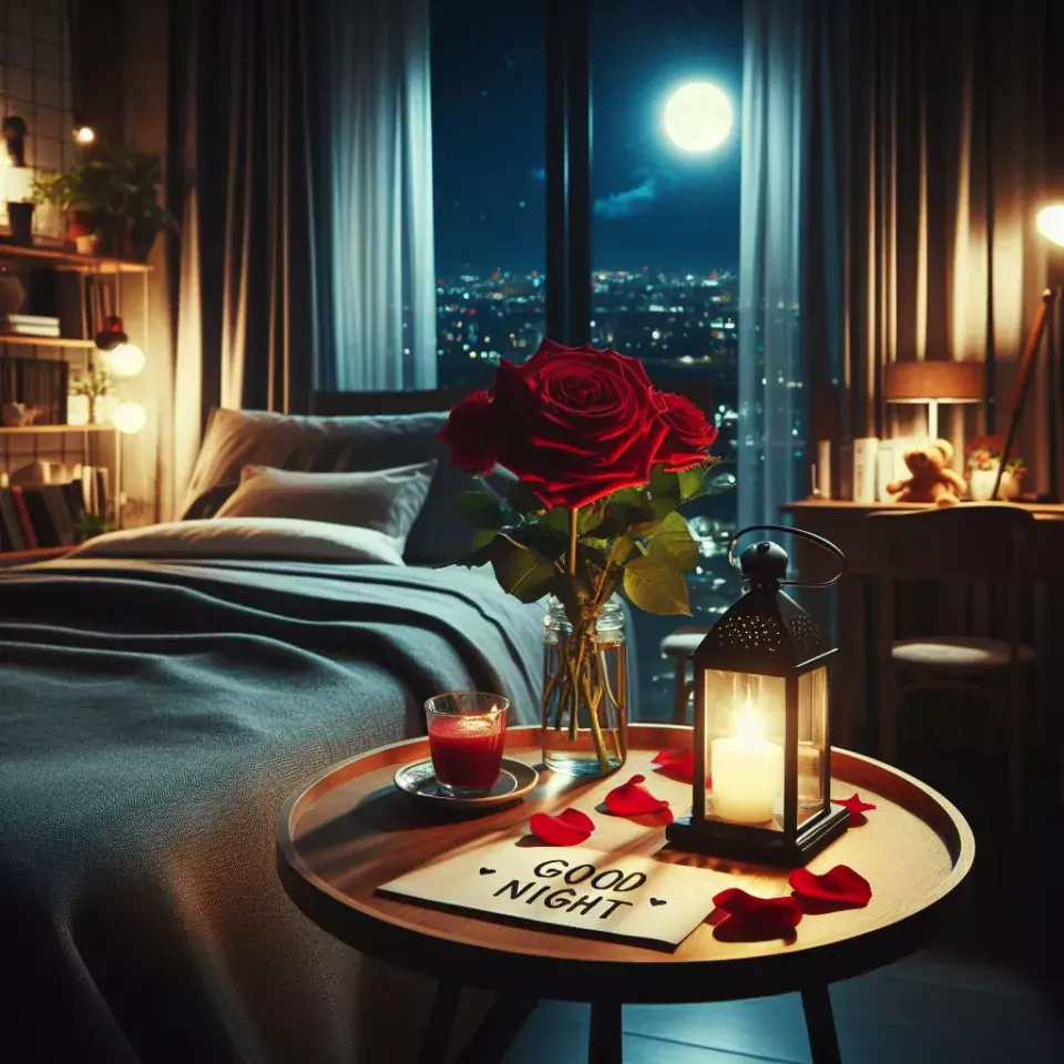 Good Night images with night vibes beautiful bad room with romantic vibes love images with rose & flowers ()