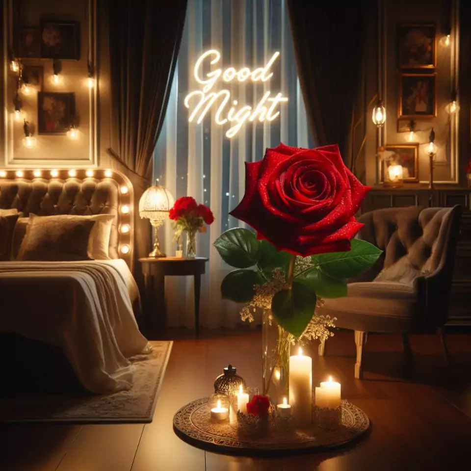 Good Night images with night vibes beautiful bad room with romantic vibes love images with rose & flowers ()