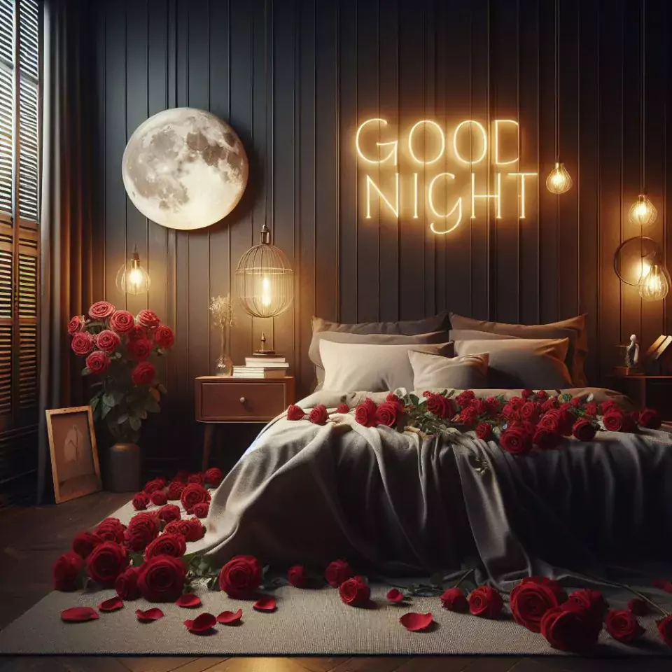 Good Night images with night vibes beautiful bad room with romantic vibes love images with rose & flowers ()