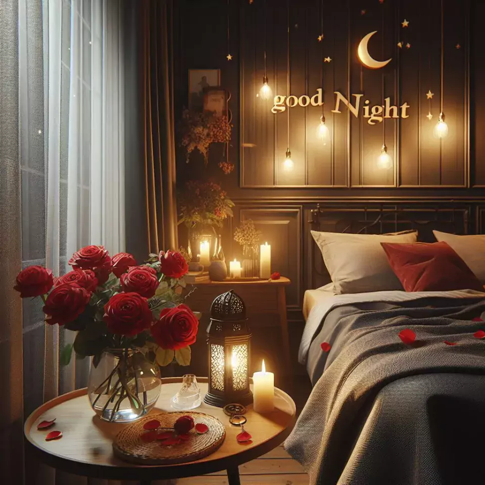 Good Night images with night vibes beautiful bad room with romantic vibes love images with rose & flowers ()