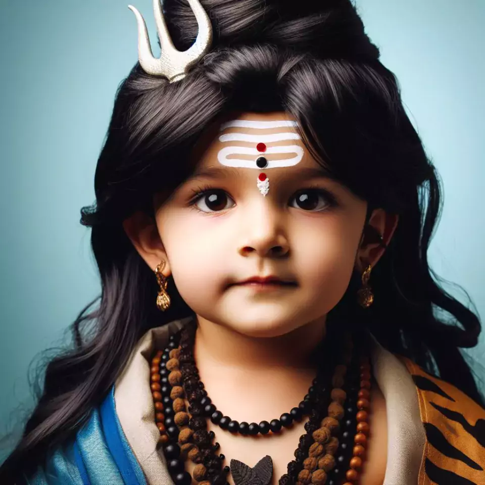 Little indian child dressed as lord shiva isolated on blue studio background Maha Shivratri Hindu festival Copy space () cute shiva image