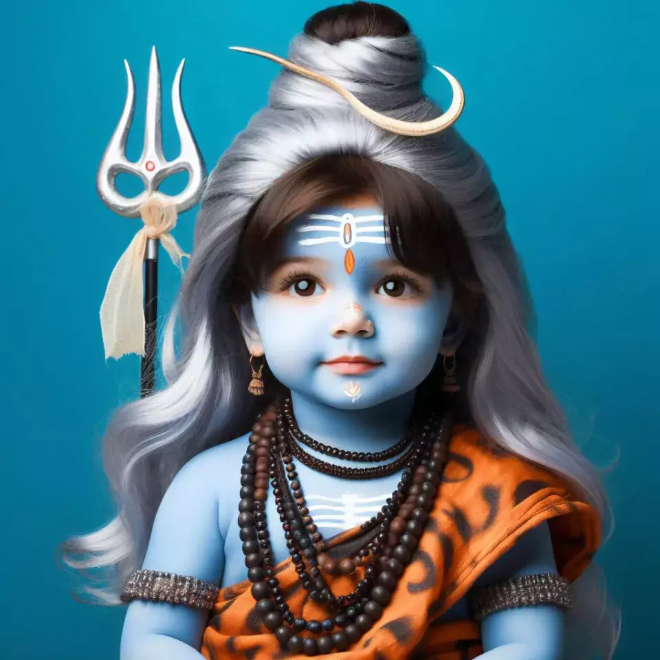 Little indian child dressed as lord shiva isolated on blue studio background Maha Shivratri Hindu festival Copy space () cute shiva image