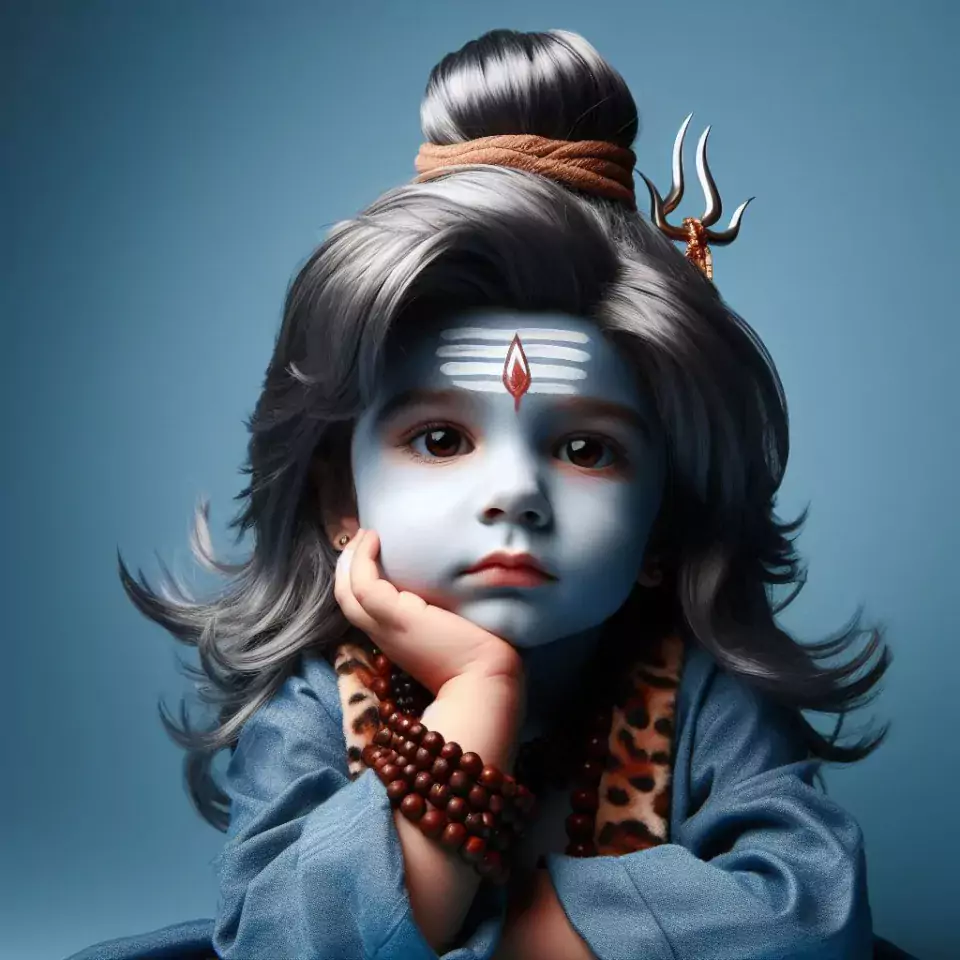 Little indian child dressed as lord shiva isolated on blue studio background Maha Shivratri Hindu festival Copy space () cute shiva image