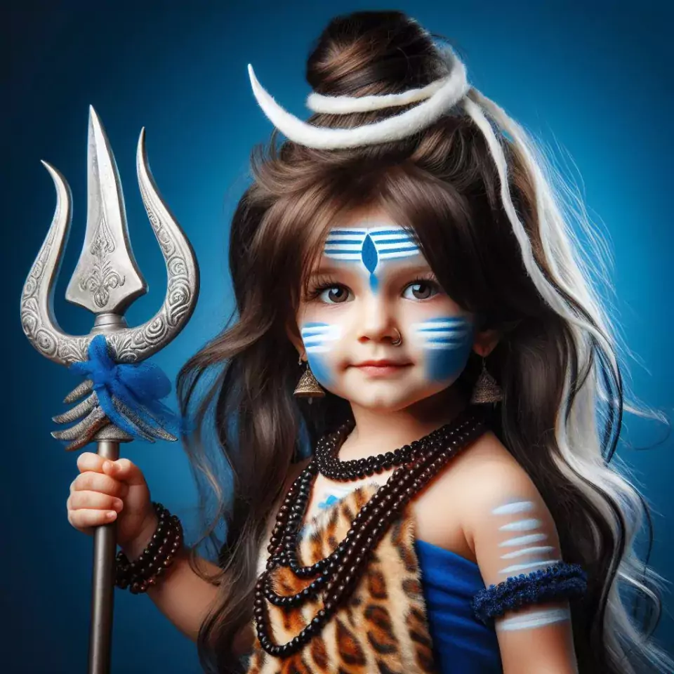 Little indian child dressed as lord shiva isolated on blue studio background Maha Shivratri Hindu festival Copy space () cute shiva image