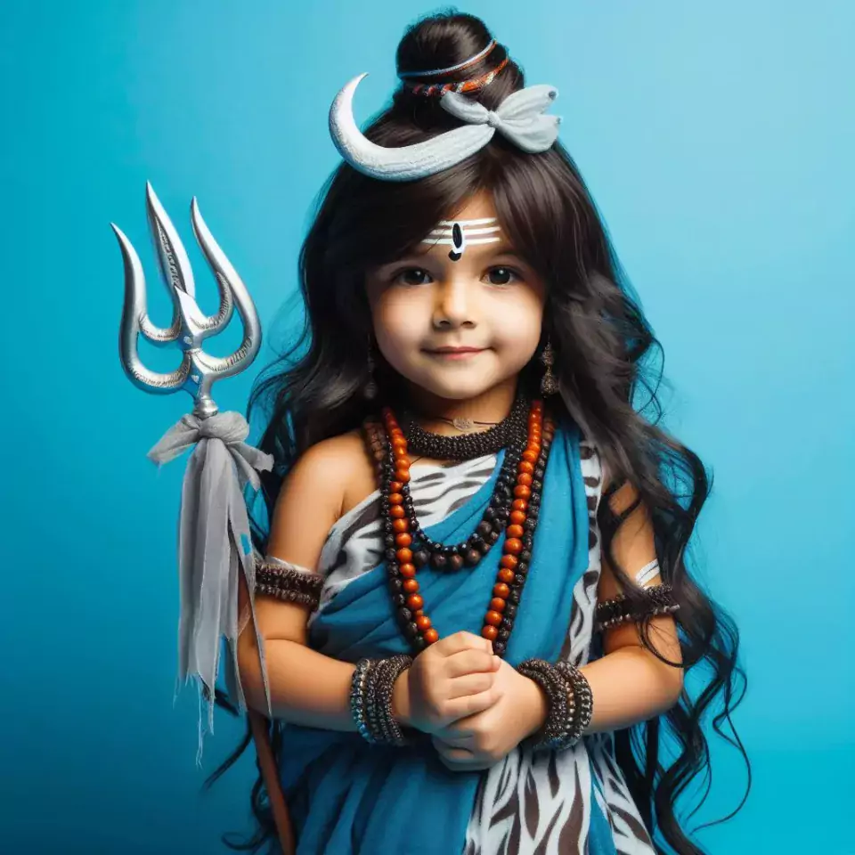 Little indian child dressed as lord shiva isolated on blue studio background Maha Shivratri Hindu festival Copy space () cute shiva image