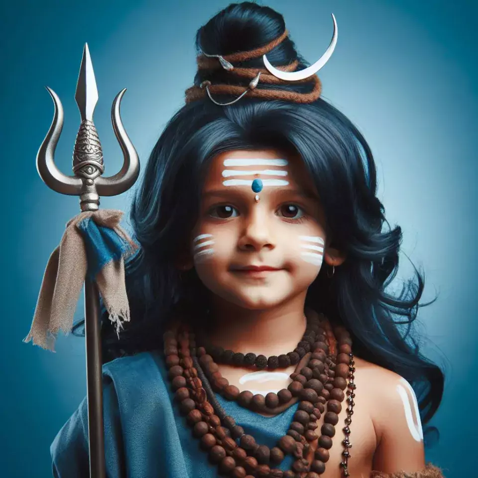 Little indian child dressed as lord shiva isolated on blue studio background Maha Shivratri Hindu festival Copy space () cute shiva image