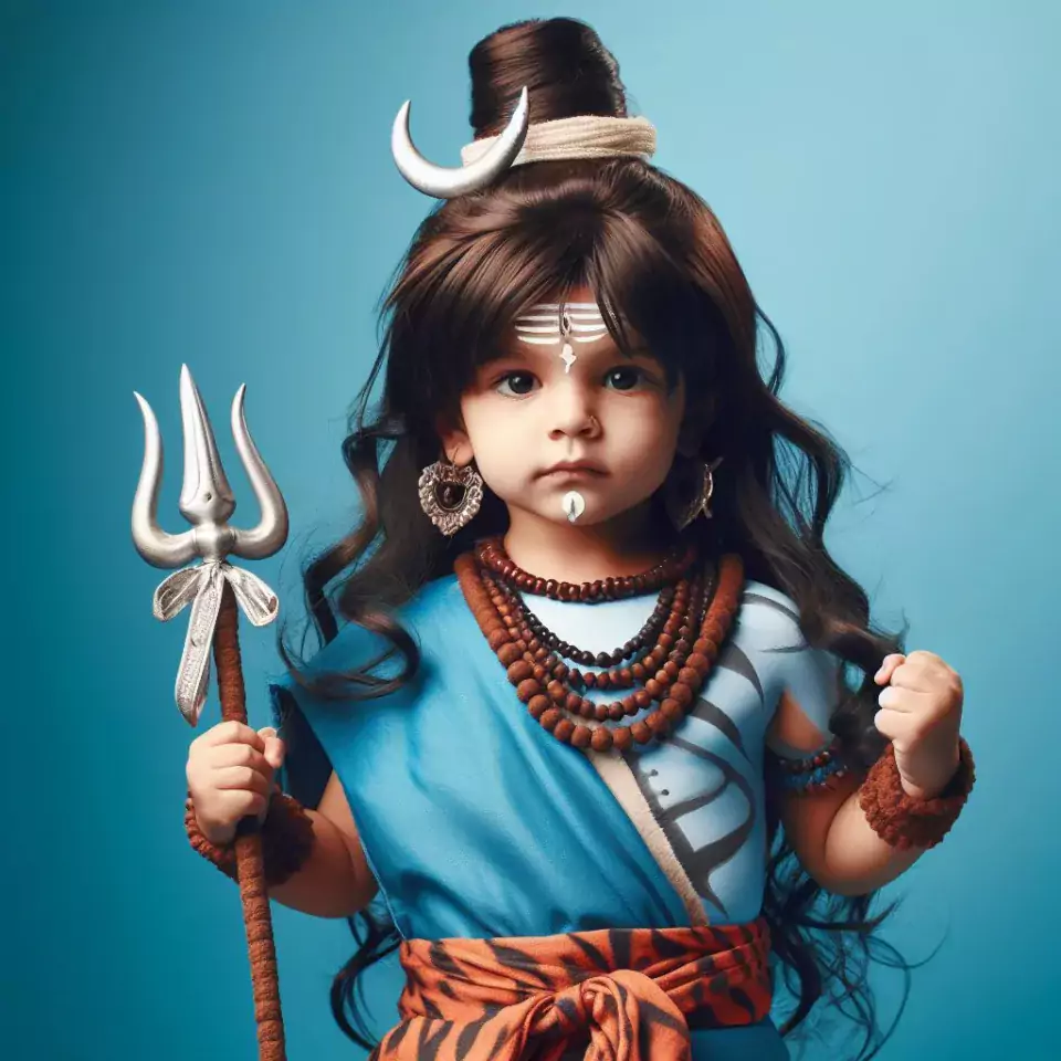 Little indian child dressed as lord shiva isolated on blue studio background Maha Shivratri Hindu festival Copy space () cute shiva image