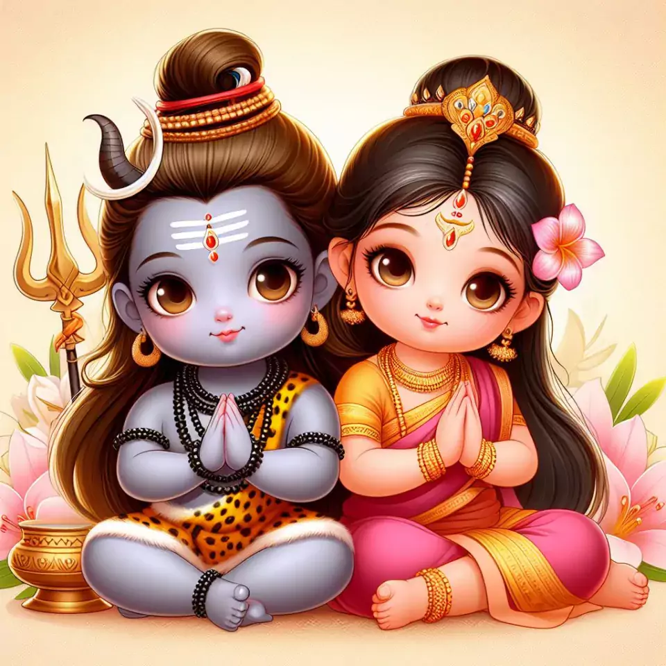 cute Baby Lord Shiva sitting with maa parvati picture Art created by AI technology image ()