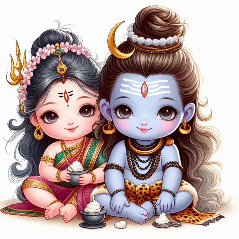 cute Baby Lord Shiva sitting with maa parvati picture Art created by AI technology image ()