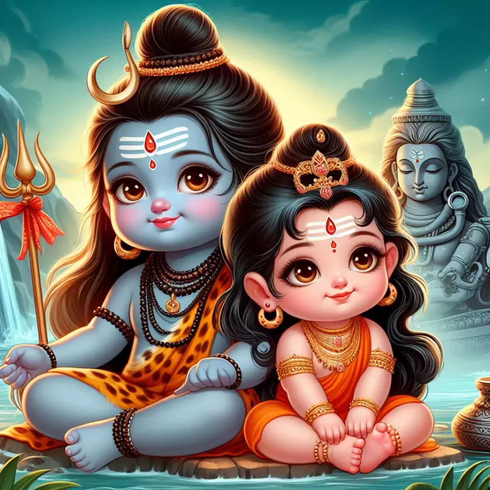 cute Baby Lord Shiva sitting with maa parvati picture Art created by AI technology image ()