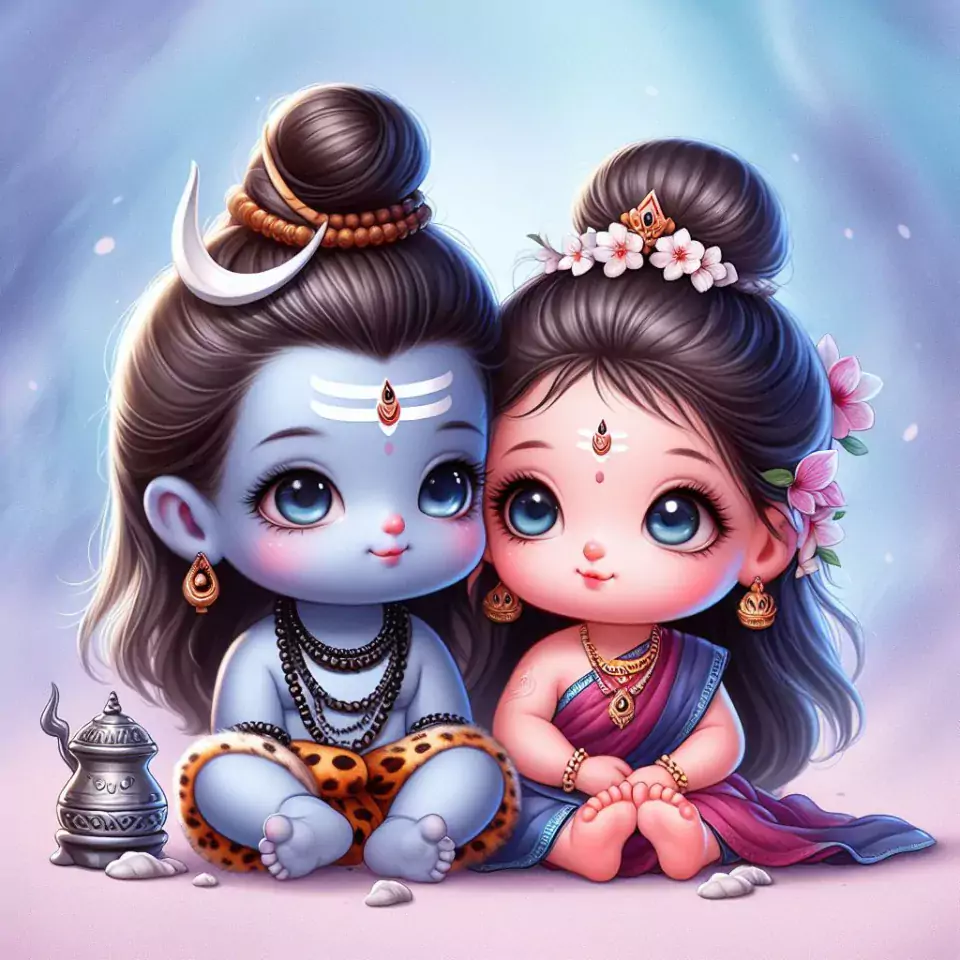 cute Baby Lord Shiva sitting with maa parvati picture Art created by AI technology image ()