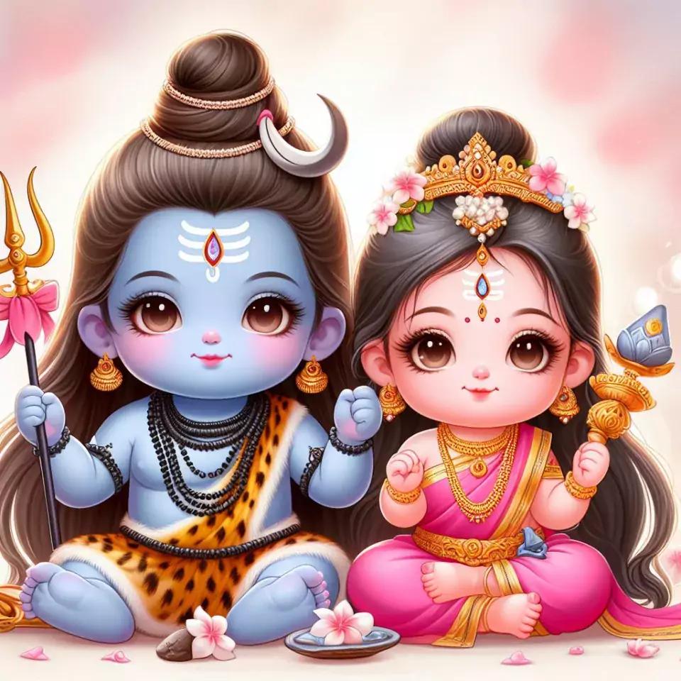 cute Baby Lord Shiva sitting with maa parvati picture Art created by AI technology image ()