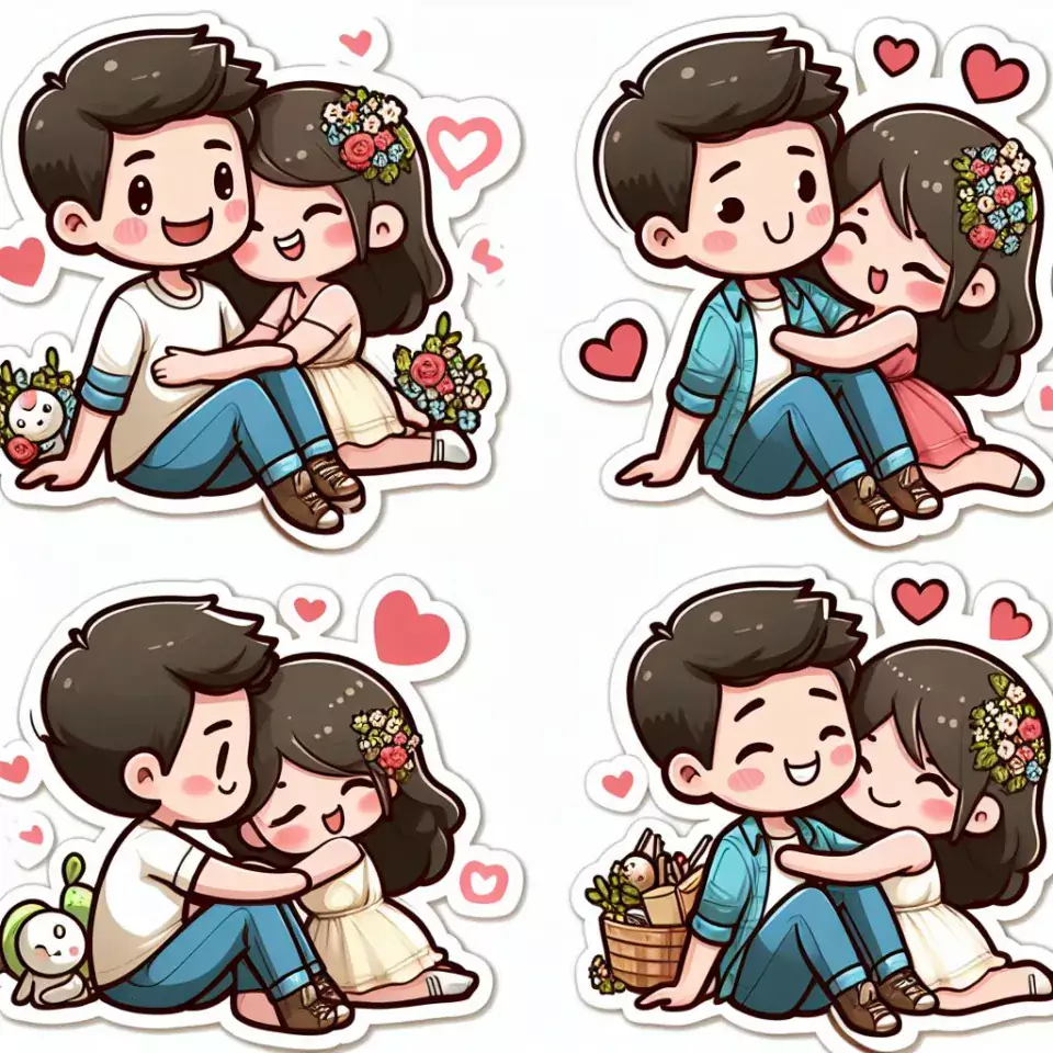 cute couple stickers with white background and kissing & hug HD printable stickers images ()