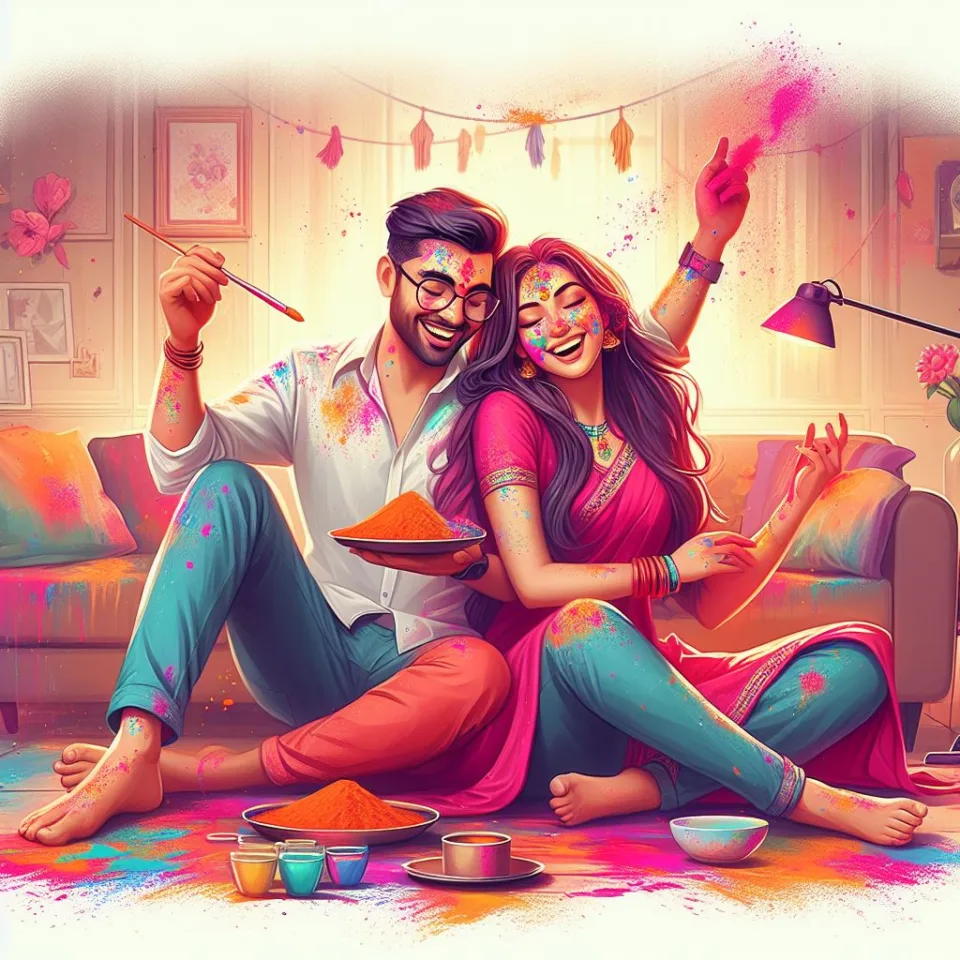 Happy holi HD images cute couple with colourfull enjoy with colour ()