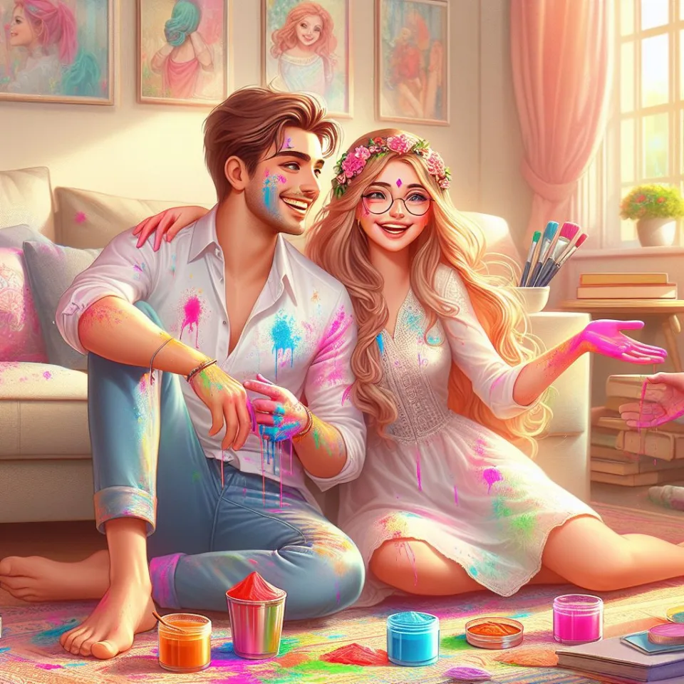 Happy holi HD images cute couple with colourfull enjoy with colour ()