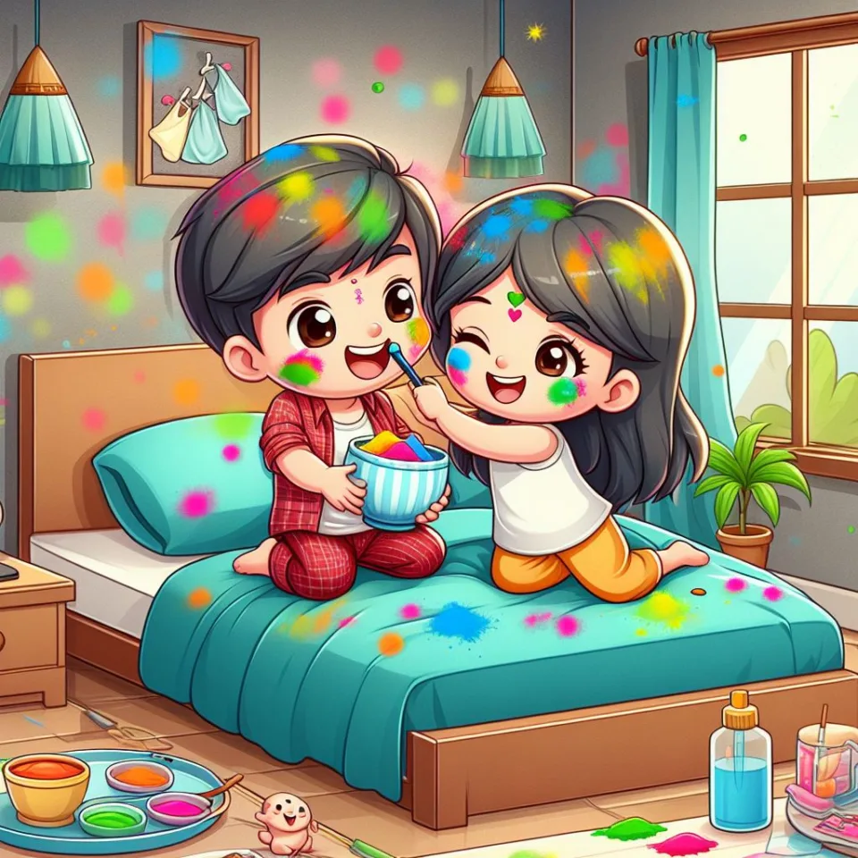 Happy holi HD images cute couple with colourfull enjoy with colour ()