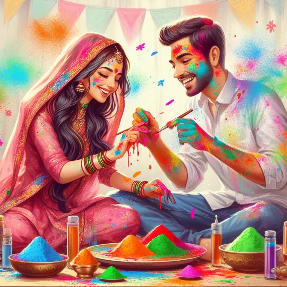 Happy holi HD images cute couple with colourfull enjoy with colour ()