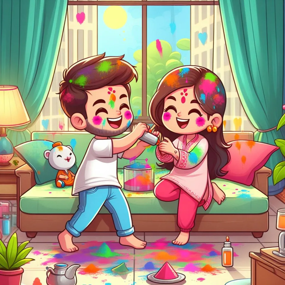 Happy holi HD images cute couple with colourfull enjoy with colour ()