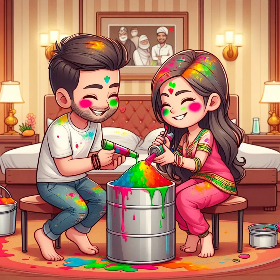 Happy holi HD images cute couple with colourfull enjoy with colour ()