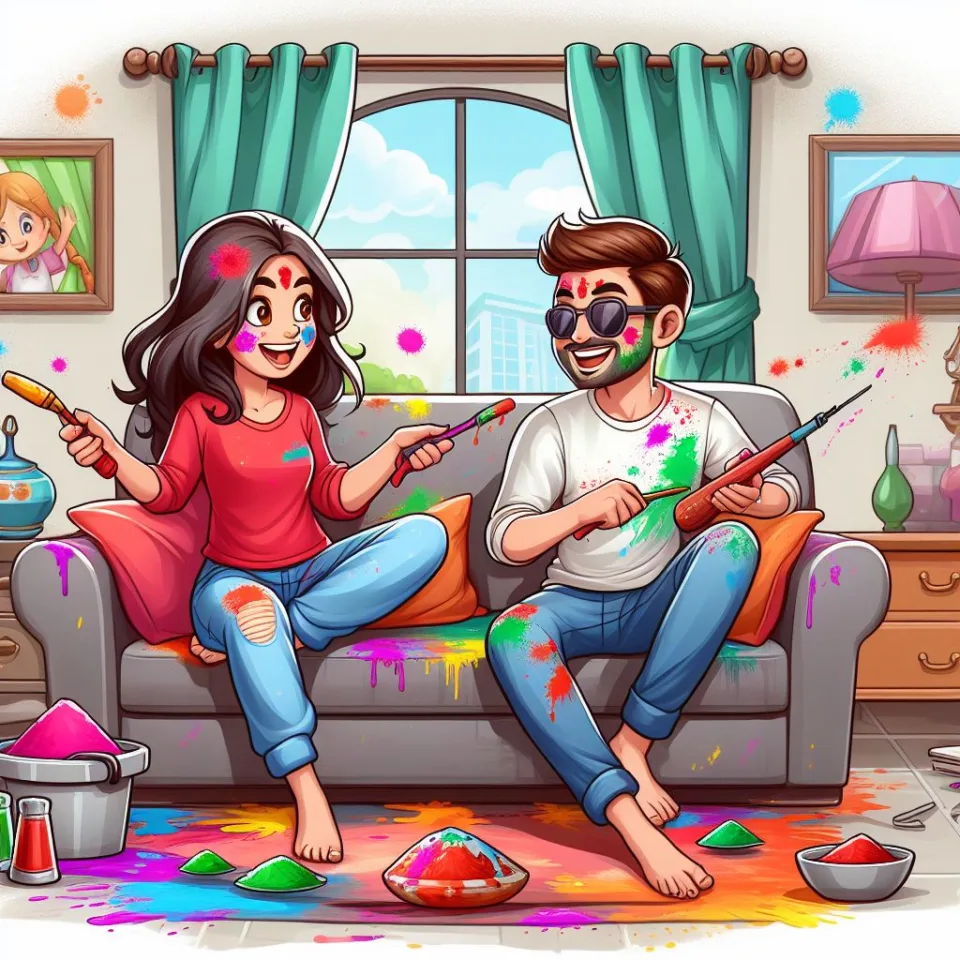 Happy holi HD images cute couple with colourfull enjoy with colour ()